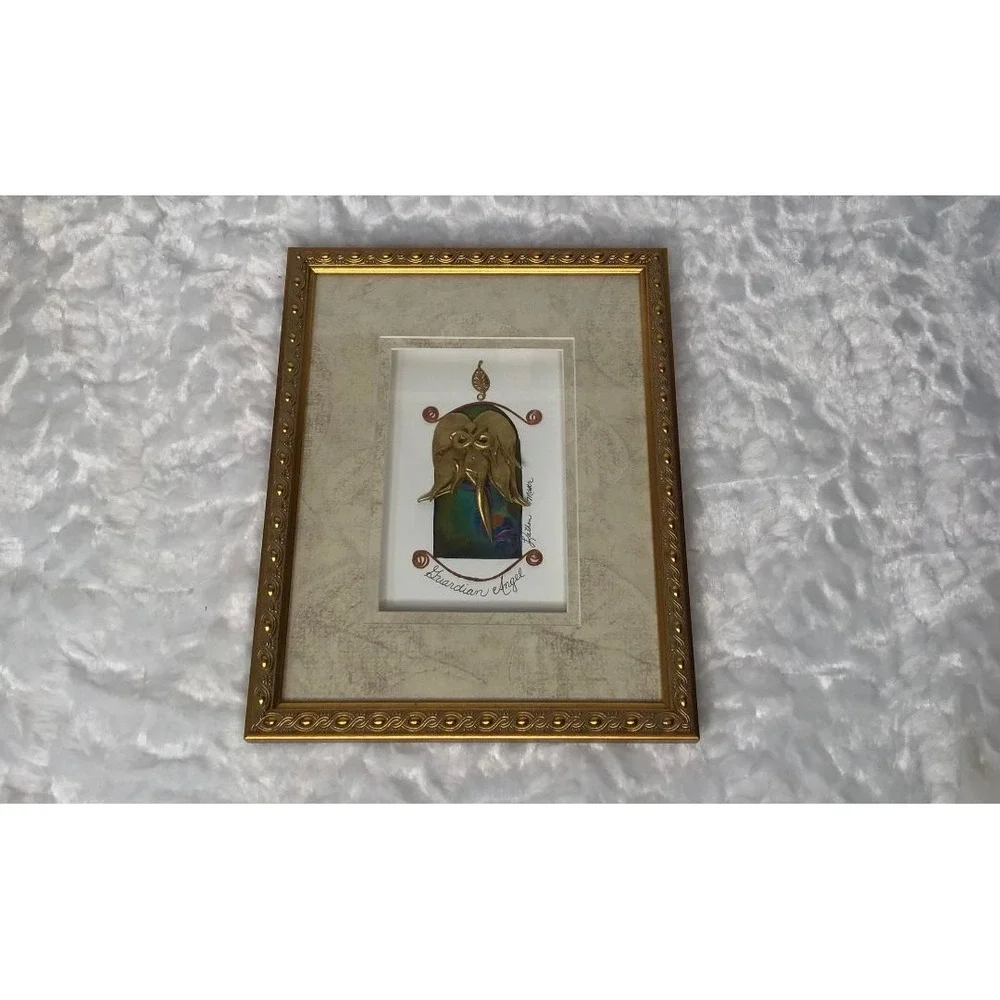 Guardian Angel Mixed Media Framed Wall Art Gold Tone Signed by Katherine‎ Moser